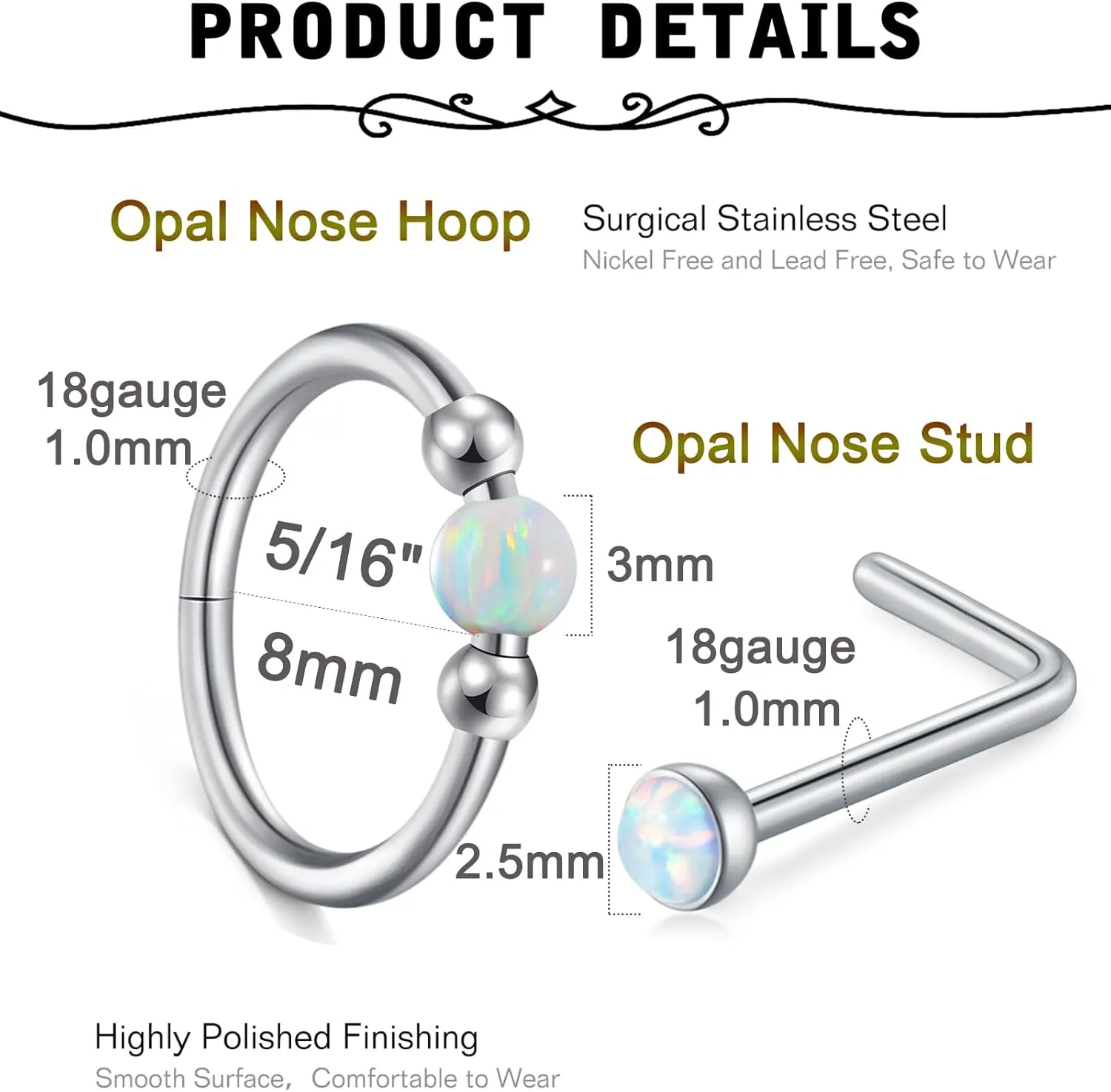 MODRSA 18g Nose Ring Opal Nose Ring Opal Nose Stud L Shaped Opal Nose Hoop Clicker Silver Gold Nose Rings for Women Cartilage Hoop Earring Cartilage Hoop Helix Hoop Earring White Daith Earring Hoop