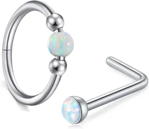 MODRSA 18g Nose Ring Opal Nose Ring Opal Nose Stud L Shaped Opal Nose Hoop Clicker Silver Gold Nose Rings for Women Cartilage Hoop Earring Cartilage Hoop Helix Hoop Earring White Daith Earring Hoop