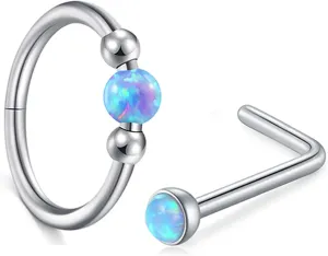 MODRSA 18g Nose Ring Opal Nose Ring Opal Nose Stud L Shaped Opal Nose Hoop Clicker Silver Gold Nose Rings for Women Cartilage Hoop Earring Cartilage Hoop Helix Hoop Earring White Daith Earring Hoop