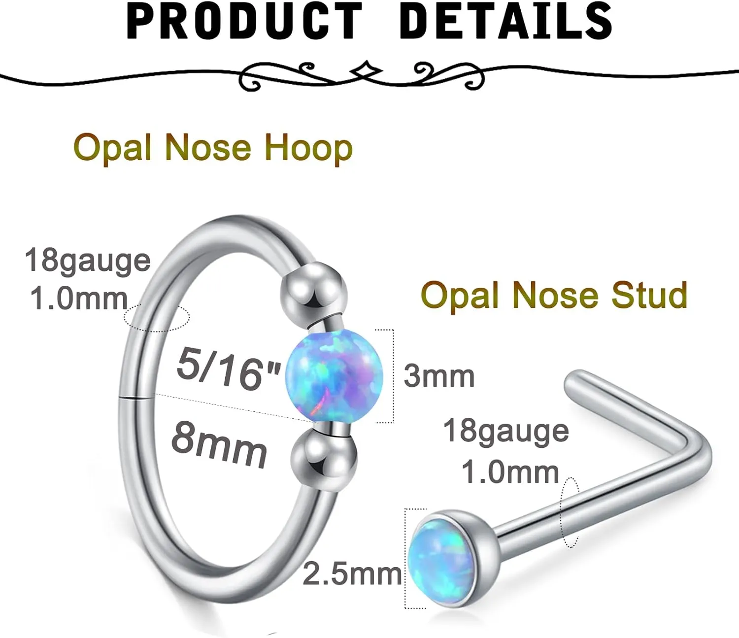 MODRSA 18g Nose Ring Opal Nose Ring Opal Nose Stud L Shaped Opal Nose Hoop Clicker Silver Gold Nose Rings for Women Cartilage Hoop Earring Cartilage Hoop Helix Hoop Earring White Daith Earring Hoop