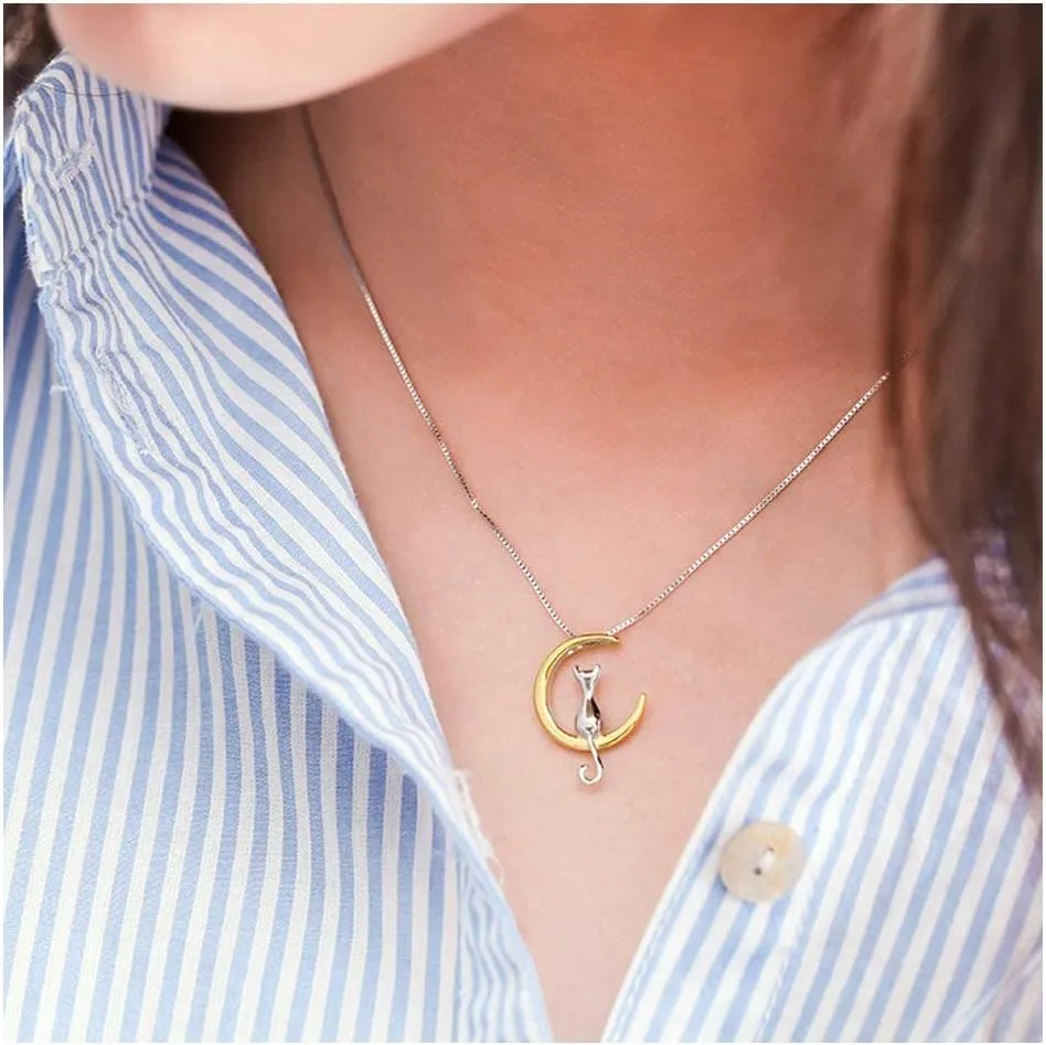 Moon Cat Pendant Necklace Sterling Silver Box Chain with Gold Accents Celestial Jewelry for Cat Lovers Minimalist Luxury Gift for Women