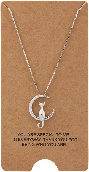Moon Cat Pendant Necklace Sterling Silver Box Chain with Gold Accents Celestial Jewelry for Cat Lovers Minimalist Luxury Gift for Women