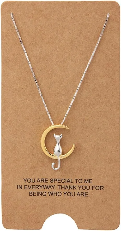 Moon Cat Pendant Necklace Sterling Silver Box Chain with Gold Accents Celestial Jewelry for Cat Lovers Minimalist Luxury Gift for Women
