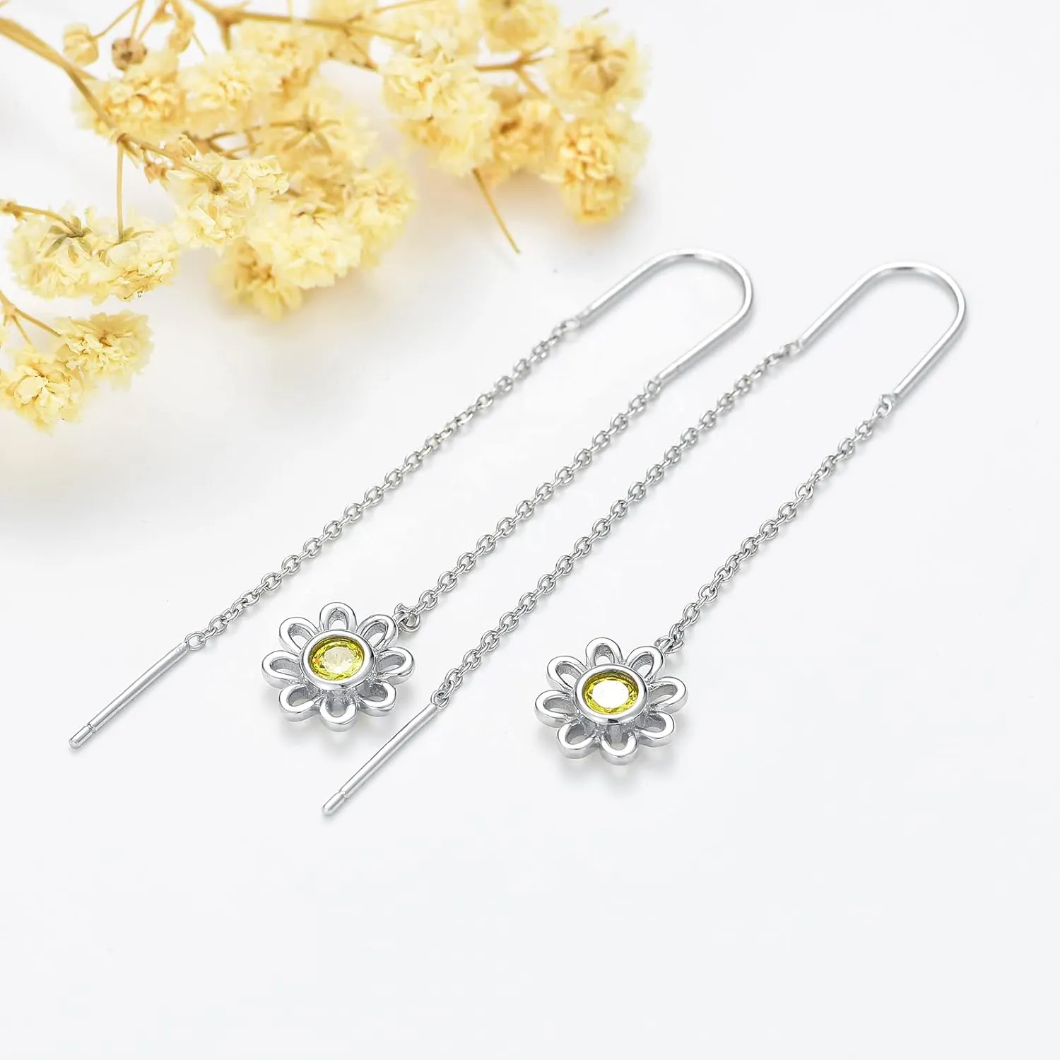 Moonstone Threader Earrings Long Chain Drop Earrings in 925 Sterling Silver