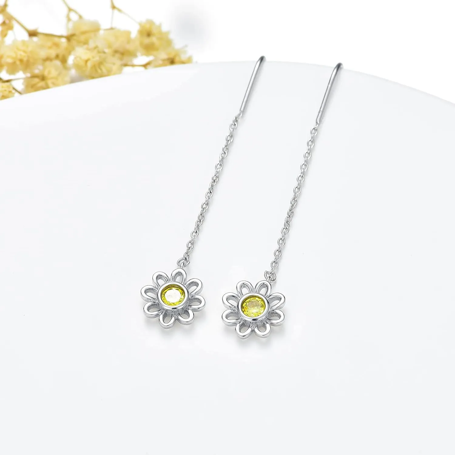 Moonstone Threader Earrings Long Chain Drop Earrings in 925 Sterling Silver