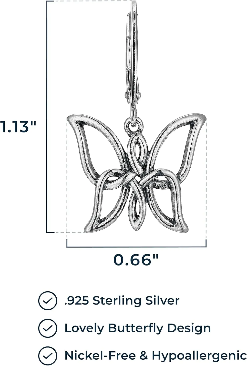 MORGAN & PAIGE .925 Sterling Silver Oxidized, 18K Yellow Gold or 14K Rose Gold Plated Butterfly Celtic Knot Dangle or Stud Earrings for Women - Hypoallergenic Sterling Silver Earrings, Gifts for Her
