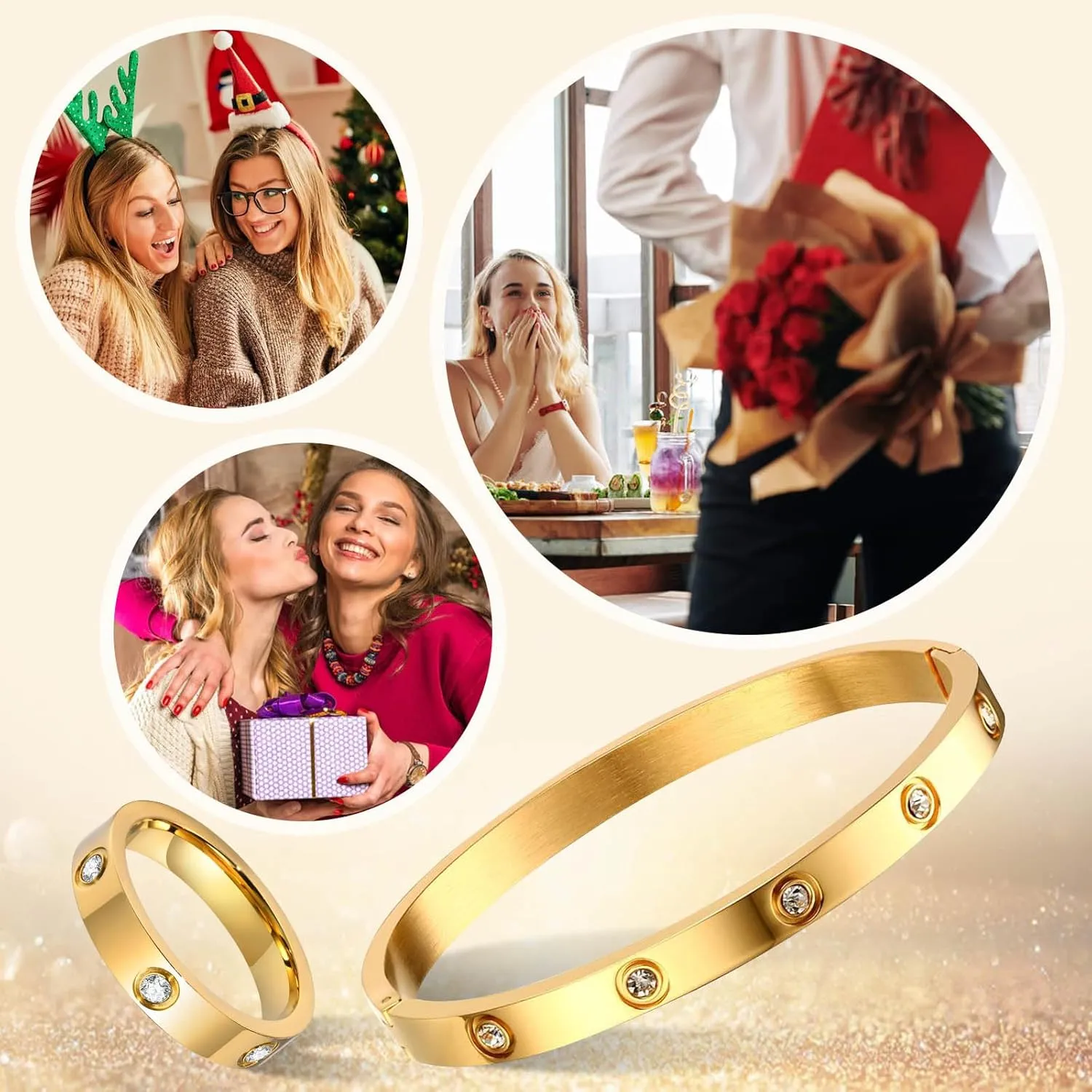 MPRAINBOW Gold Rings Bracelets for Women, 18K Gold Plated Friendship Bracelet Cubic Zirconia Bangle with Ring Jewelry Set,Wedding Party Birthday Gifts for Her Girlfriend
