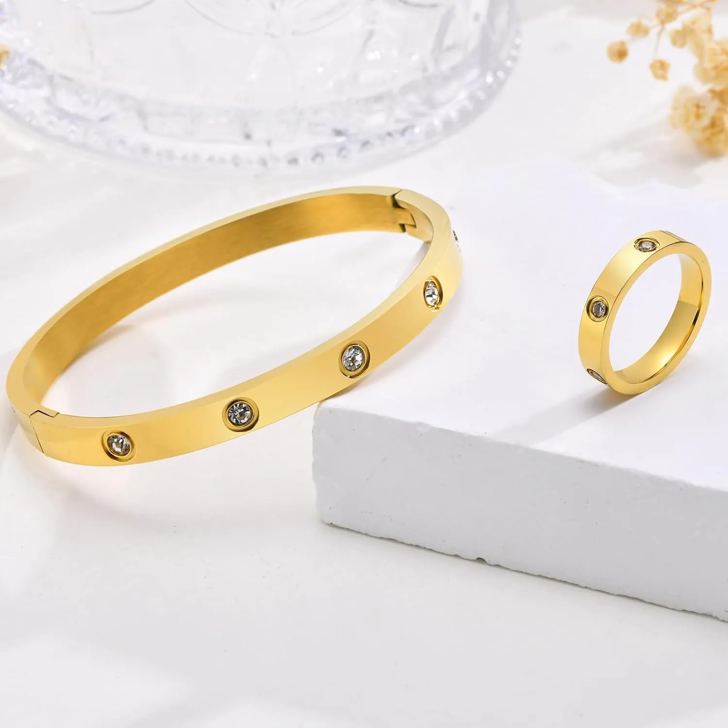 MPRAINBOW Gold Rings Bracelets for Women, 18K Gold Plated Friendship Bracelet Cubic Zirconia Bangle with Ring Jewelry Set,Wedding Party Birthday Gifts for Her Girlfriend