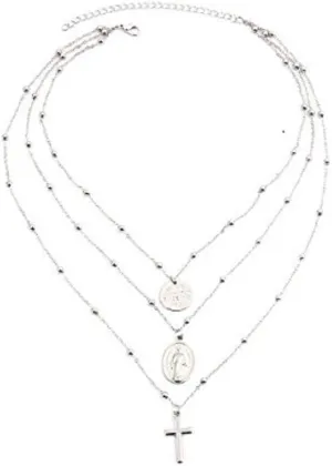 Multilayer Necklace, Silver Cross Virgin Mary Pendant Chain Christian Necklace Catholic Choker