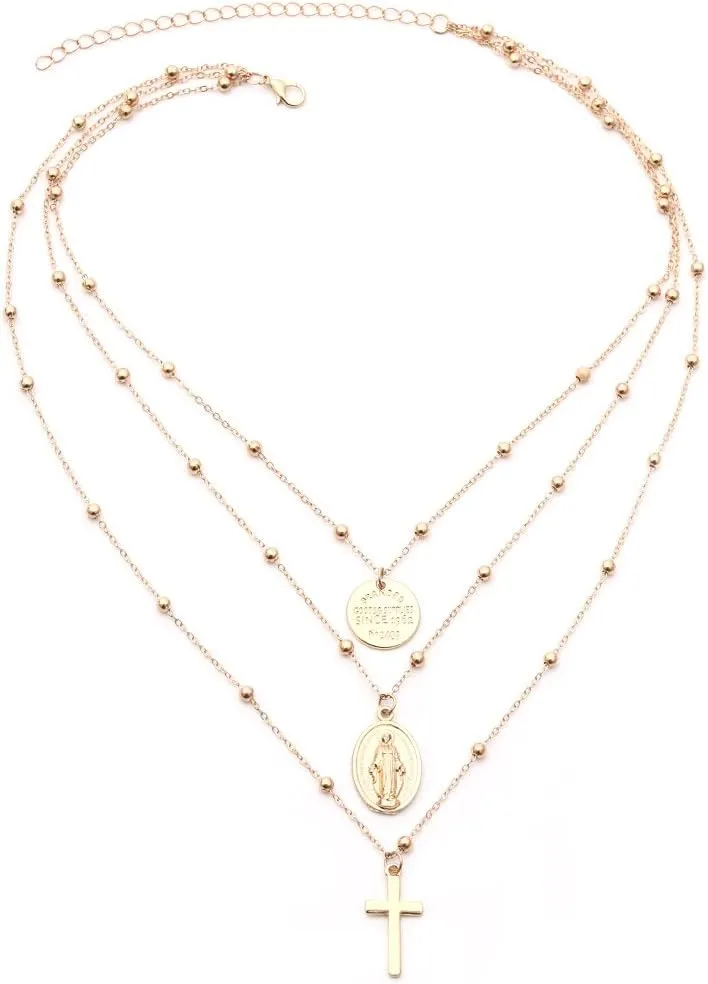 Multilayer Necklace, Silver Cross Virgin Mary Pendant Chain Christian Necklace Catholic Choker