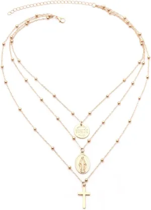 Multilayer Necklace, Silver Cross Virgin Mary Pendant Chain Christian Necklace Catholic Choker