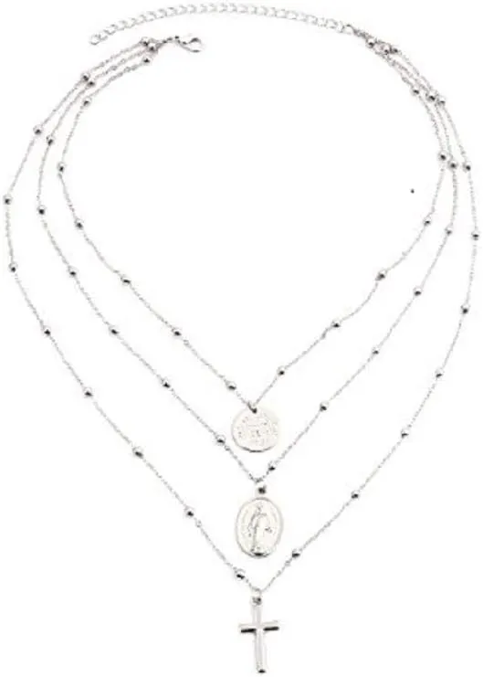 Multilayer Necklace, Silver Cross Virgin Mary Pendant Chain Christian Necklace Catholic Choker
