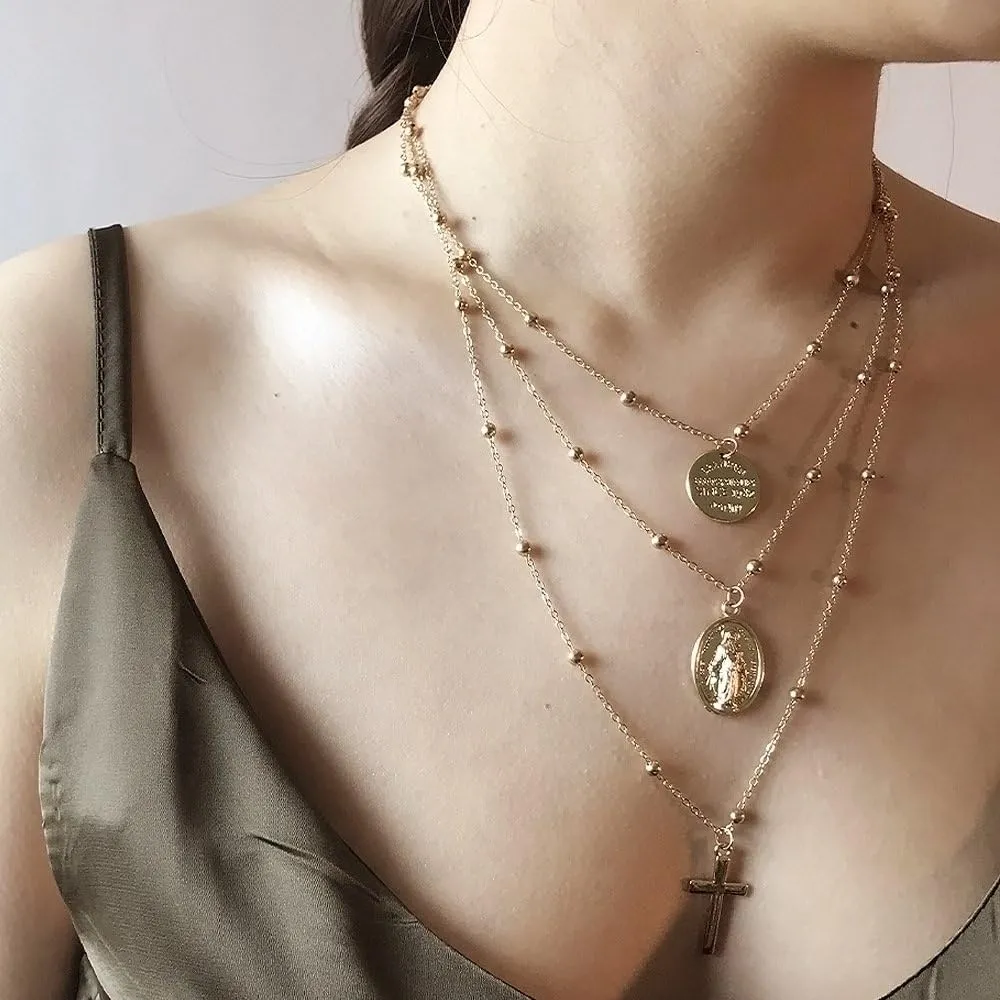 Multilayer Necklace, Silver Cross Virgin Mary Pendant Chain Christian Necklace Catholic Choker