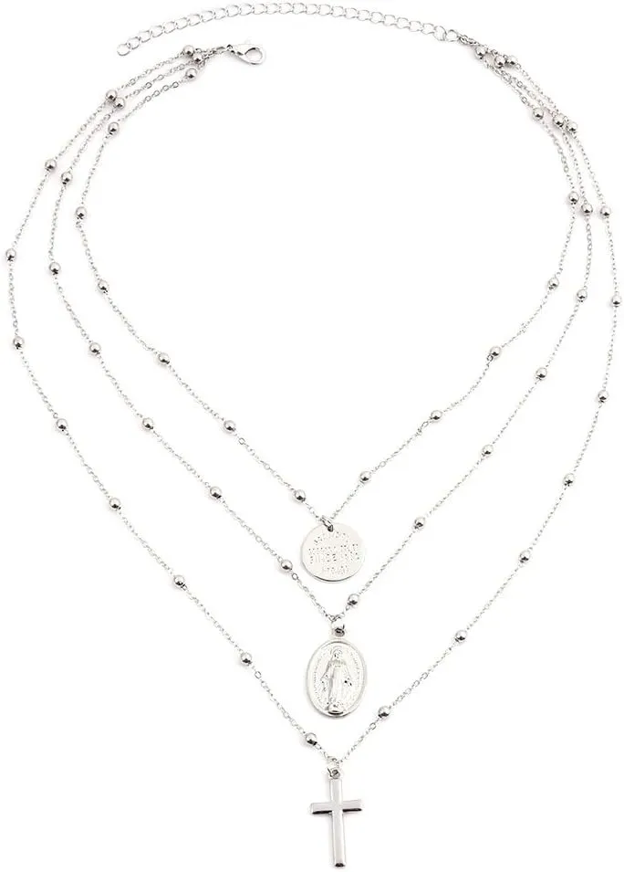 Multilayer Necklace, Silver Cross Virgin Mary Pendant Chain Christian Necklace Catholic Choker