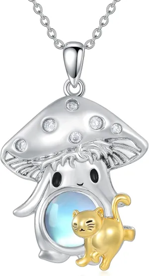 Mushroom Necklace for Women Mushroom Moonstone Pendant Mushroom Cat Jewelry Gifts for Daughter