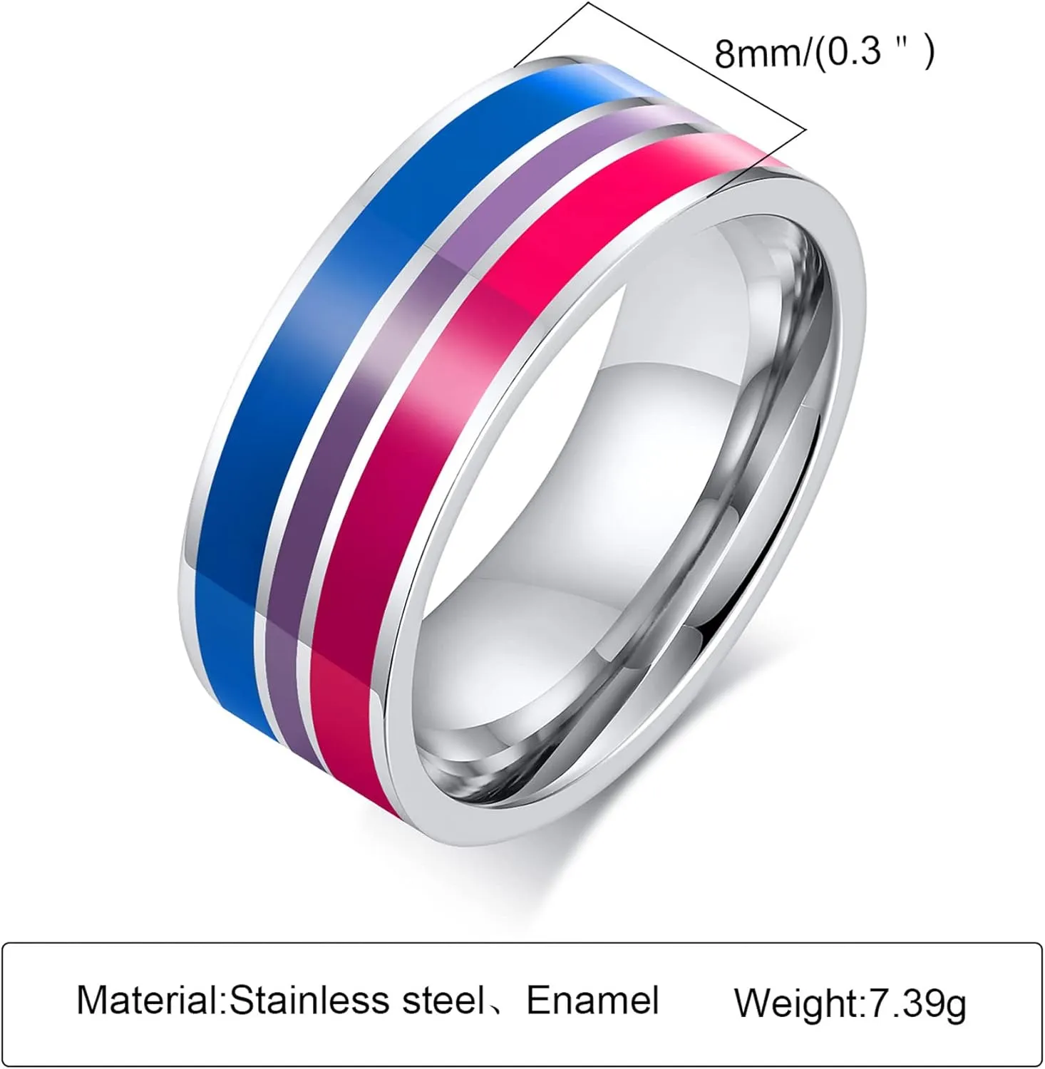 Nanafast 8mm Stainless Steel Enamel Rainbow LGBT Pride Ring for Lesbian & Gay LGBTQ Pride Wedding Engagement Band