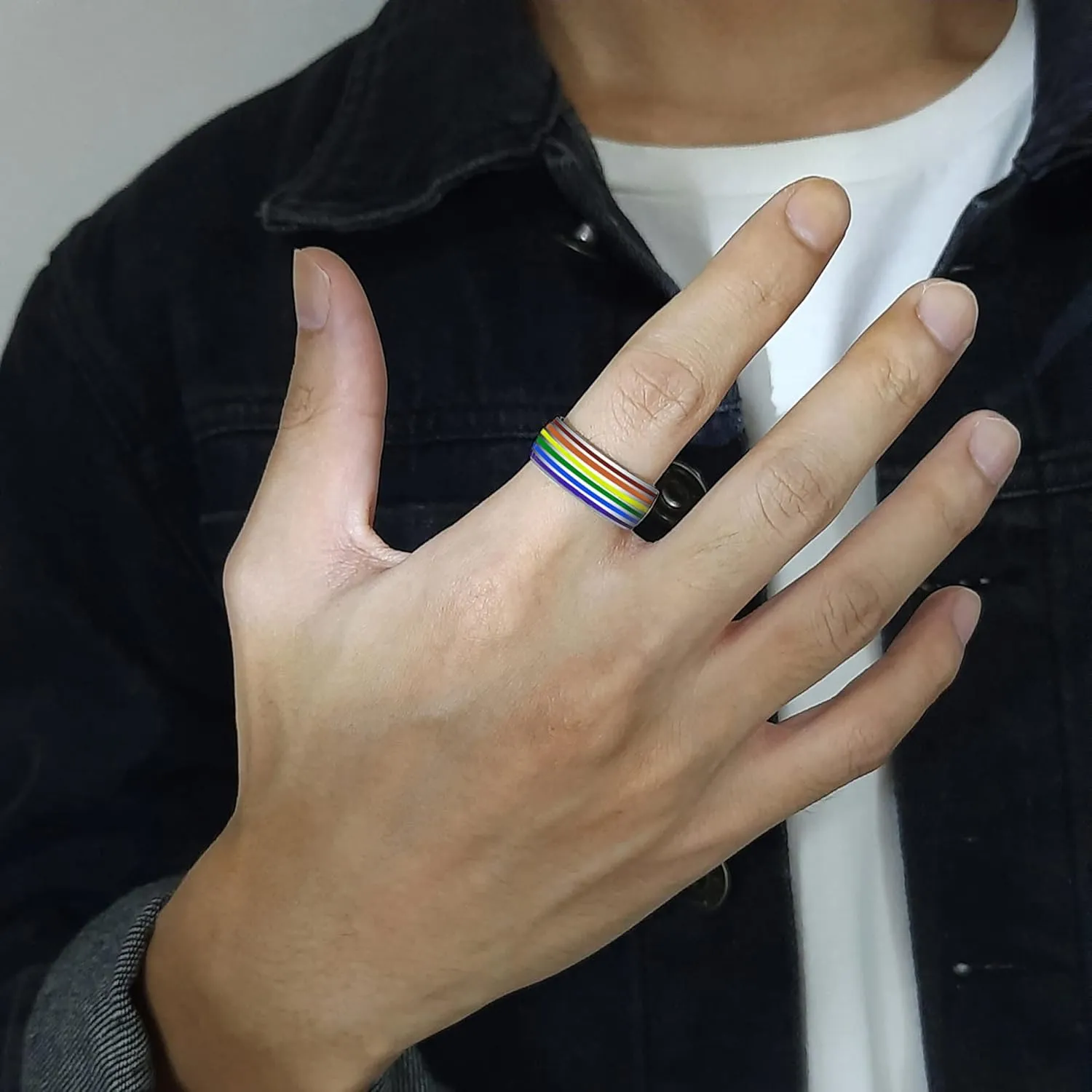 Nanafast 8mm Stainless Steel Enamel Rainbow LGBT Pride Ring for Lesbian & Gay LGBTQ Pride Wedding Engagement Band