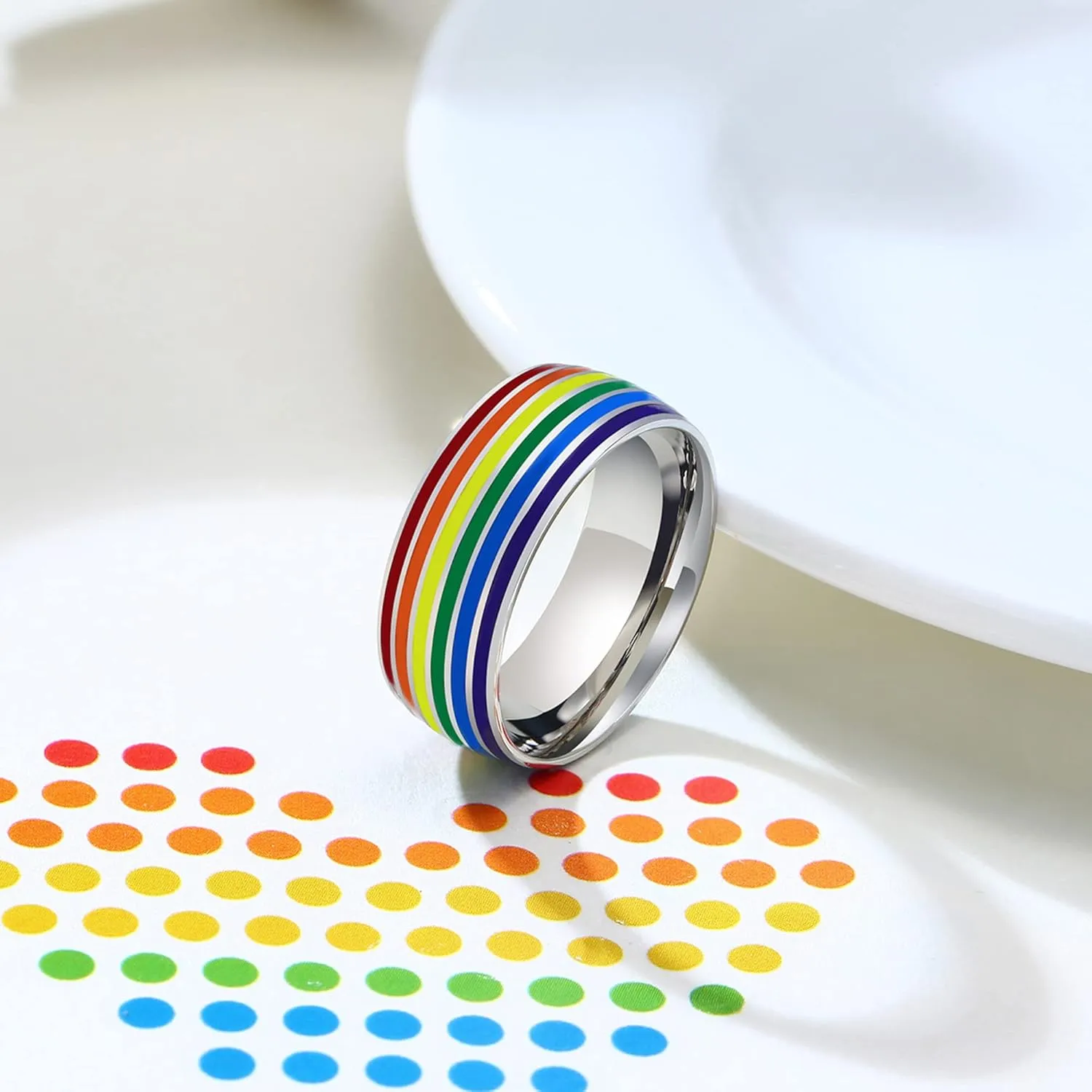 Nanafast 8mm Stainless Steel Enamel Rainbow LGBT Pride Ring for Lesbian & Gay LGBTQ Pride Wedding Engagement Band