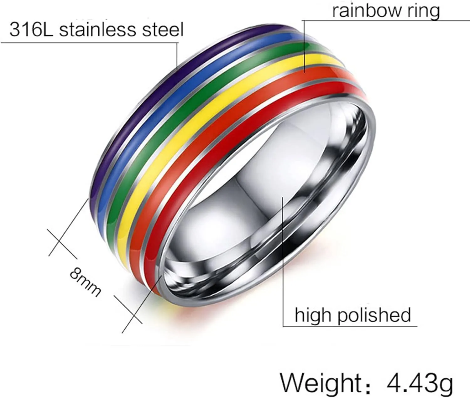 Nanafast 8mm Stainless Steel Enamel Rainbow LGBT Pride Ring for Lesbian & Gay LGBTQ Pride Wedding Engagement Band