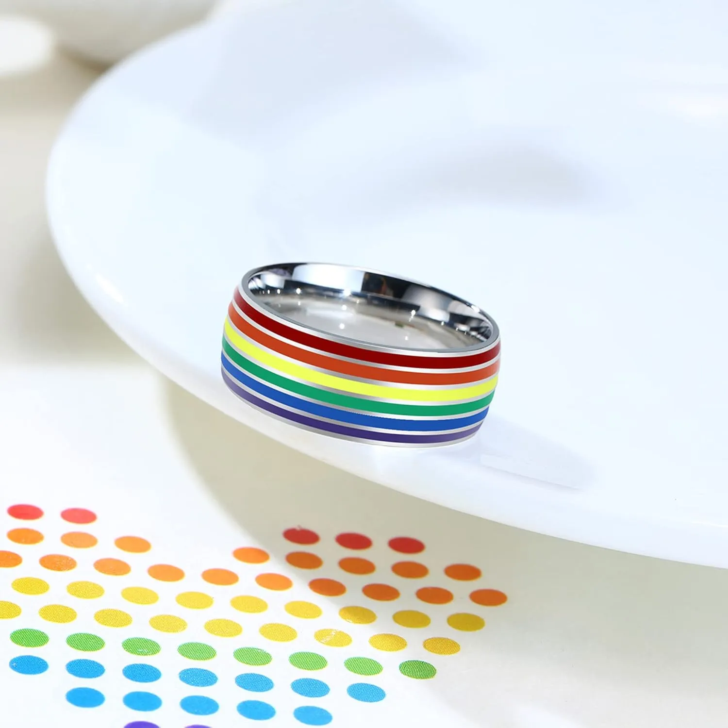 Nanafast 8mm Stainless Steel Enamel Rainbow LGBT Pride Ring for Lesbian & Gay LGBTQ Pride Wedding Engagement Band