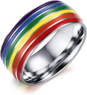 Nanafast 8mm Stainless Steel Enamel Rainbow LGBT Pride Ring for Lesbian & Gay LGBTQ Pride Wedding Engagement Band