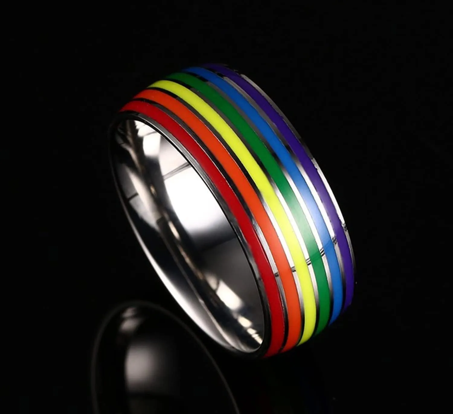 Nanafast 8mm Stainless Steel Enamel Rainbow LGBT Pride Ring for Lesbian & Gay LGBTQ Pride Wedding Engagement Band