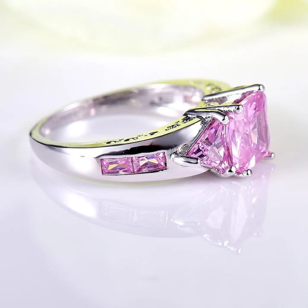 Narica Silver Plated 7x7mm Princess Cut Created Pink Topaz CZ Cubic Zirconia Filled Halo Wedding Engagement Promise Eternity Band Elegant Women's Ring for Mom Bridal Lover 7#