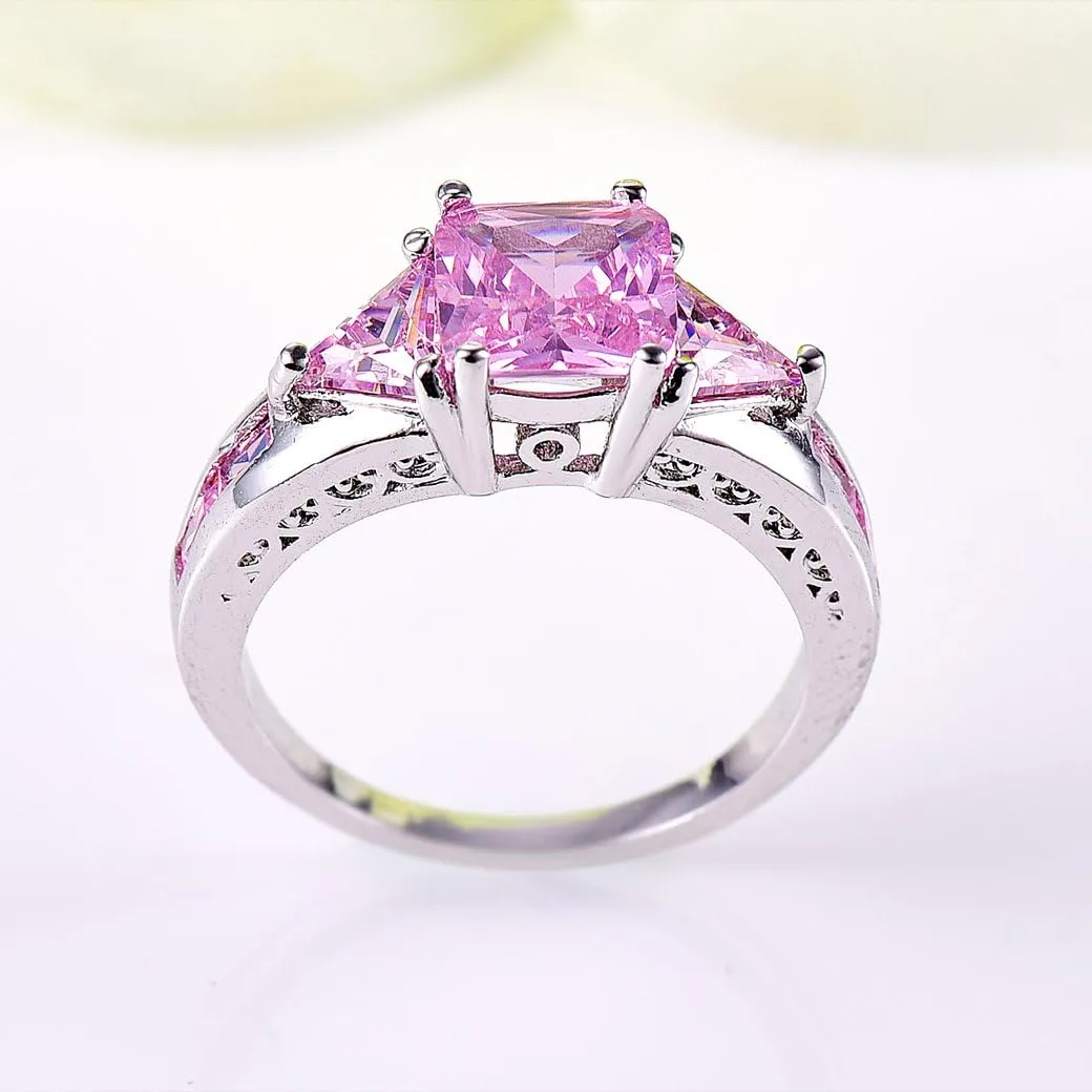 Narica Silver Plated 7x7mm Princess Cut Created Pink Topaz CZ Cubic Zirconia Filled Halo Wedding Engagement Promise Eternity Band Elegant Women's Ring for Mom Bridal Lover 7#