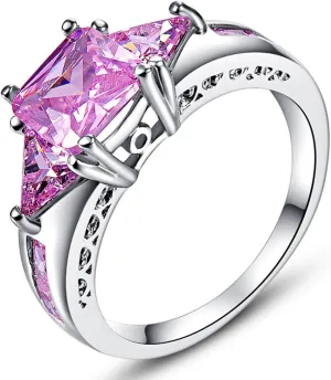 Narica Silver Plated 7x7mm Princess Cut Created Pink Topaz CZ Cubic Zirconia Filled Halo Wedding Engagement Promise Eternity Band Elegant Women's Ring for Mom Bridal Lover 7#