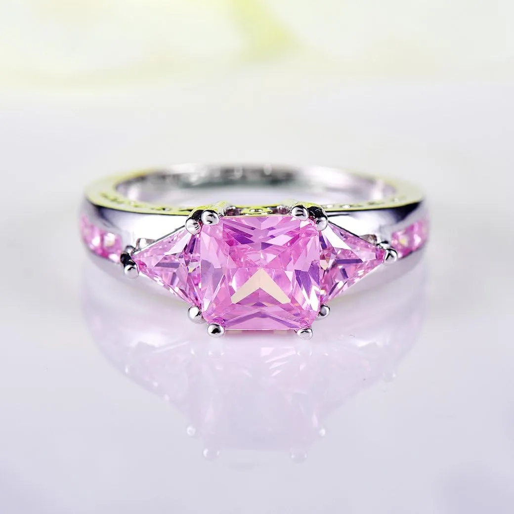 Narica Silver Plated 7x7mm Princess Cut Created Pink Topaz CZ Cubic Zirconia Filled Halo Wedding Engagement Promise Eternity Band Elegant Women's Ring for Mom Bridal Lover 7#