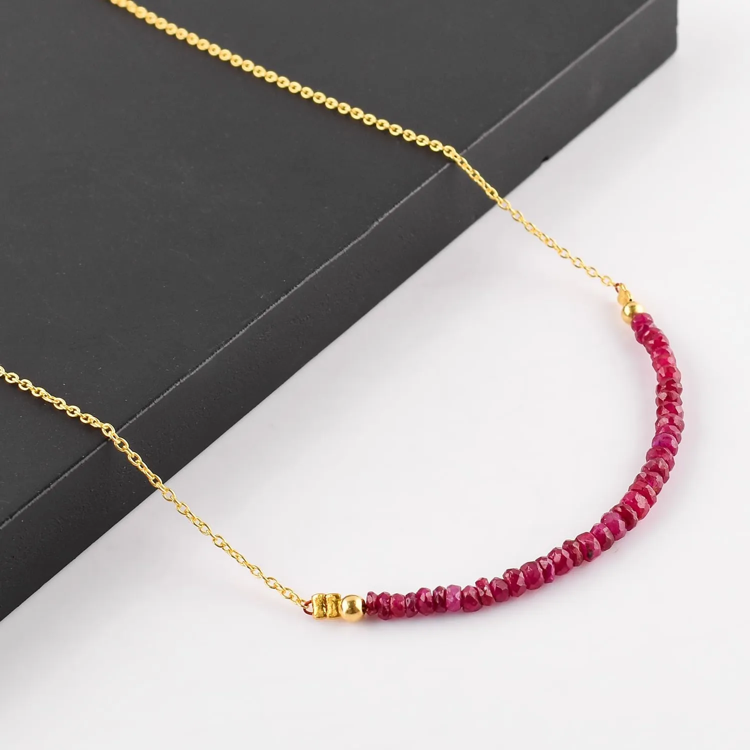 Natural Burmese Ruby Gemstone Beads Dainty Handmade Bar Necklace Jewelry for Women, Birthstone Crystals and Healing Stones, 14k Gold Plated 925 Sterling Silver 18'' Birthday Gift for her