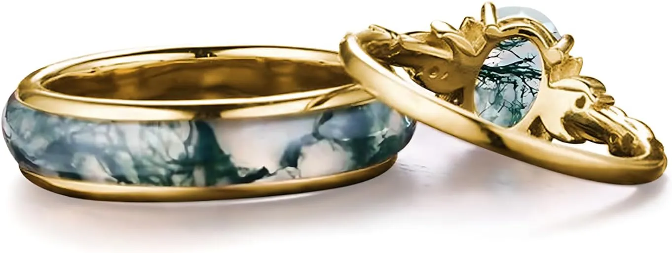 Natural Moss Agate Wedding Rings for Couple, S925 10K 14K 18K Gold Couple Rings Customized Green 2pcs Promise Bands Sets for Him and Her Bride for Anniversary Engagement Wedding