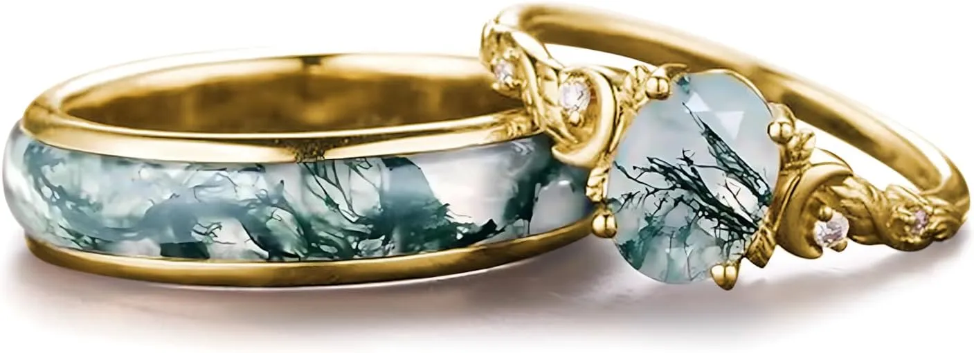 Natural Moss Agate Wedding Rings for Couple, S925 10K 14K 18K Gold Couple Rings Customized Green 2pcs Promise Bands Sets for Him and Her Bride for Anniversary Engagement Wedding