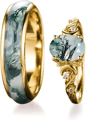Natural Moss Agate Wedding Rings for Couple, S925 10K 14K 18K Gold Couple Rings Customized Green 2pcs Promise Bands Sets for Him and Her Bride for Anniversary Engagement Wedding