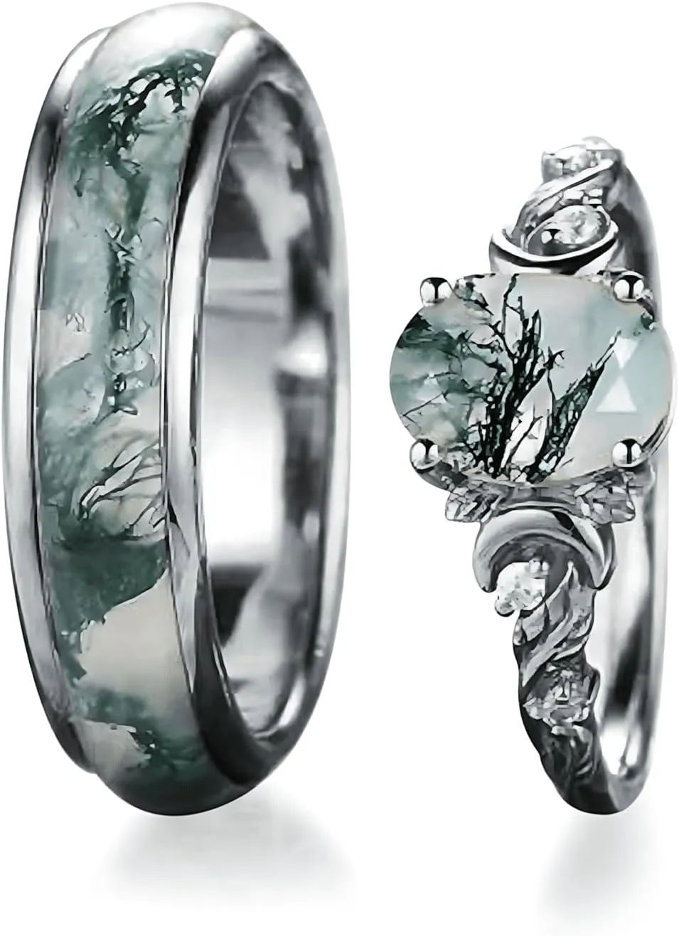Natural Moss Agate Wedding Rings for Couple, S925 10K 14K 18K Gold Couple Rings Customized Green 2pcs Promise Bands Sets for Him and Her Bride for Anniversary Engagement Wedding