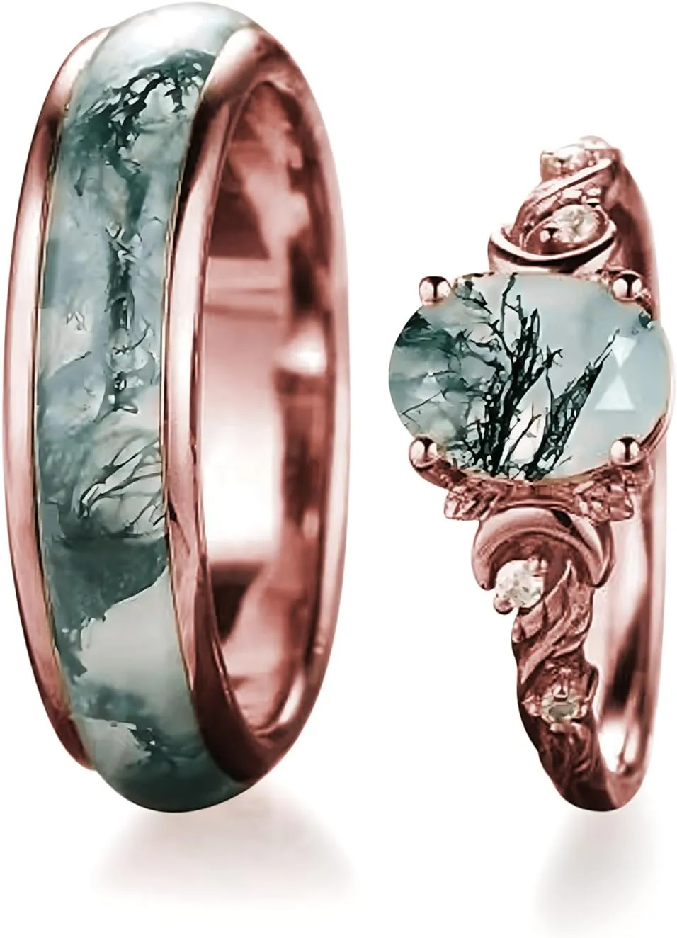 Natural Moss Agate Wedding Rings for Couple, S925 10K 14K 18K Gold Couple Rings Customized Green 2pcs Promise Bands Sets for Him and Her Bride for Anniversary Engagement Wedding