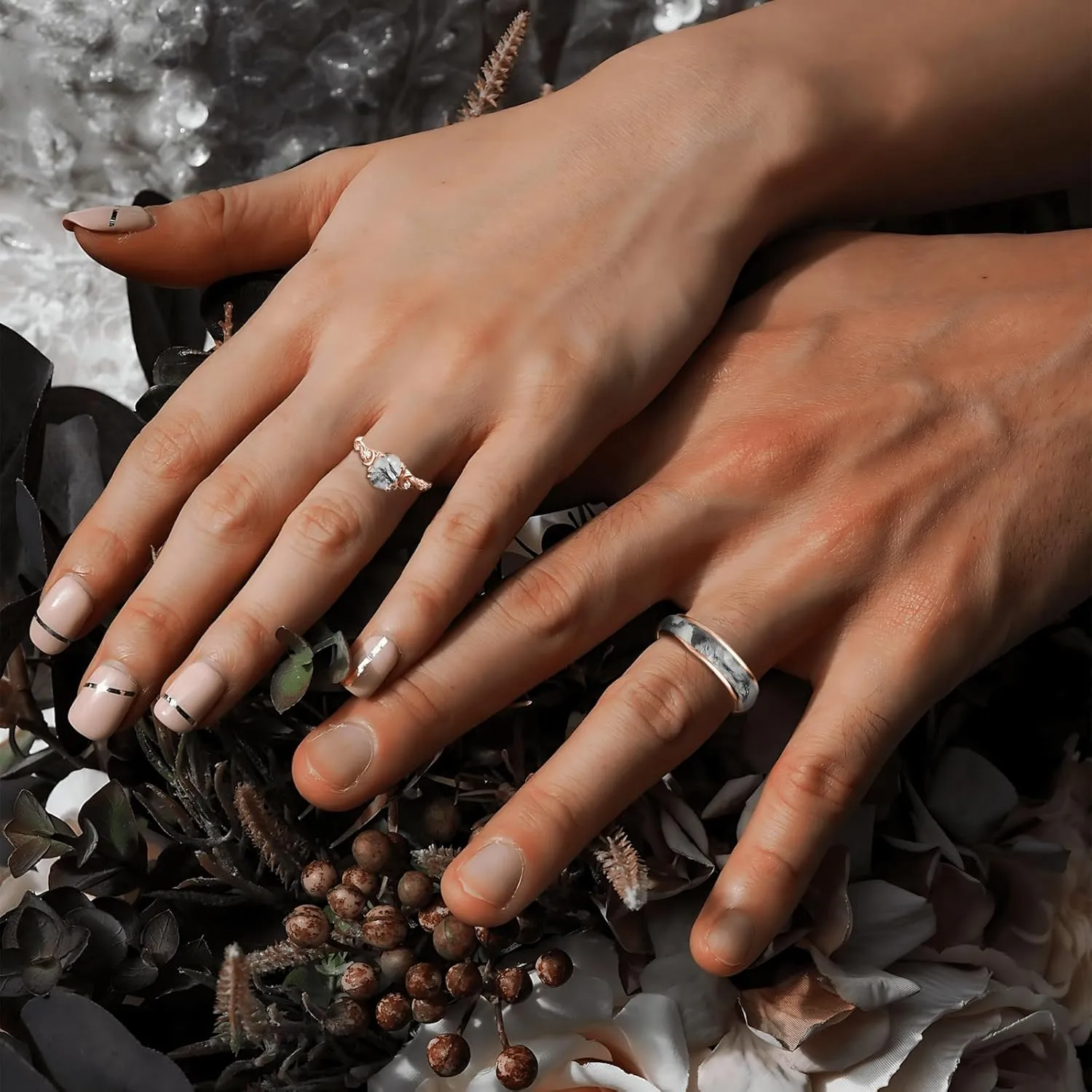 Natural Moss Agate Wedding Rings for Couple, S925 10K 14K 18K Gold Couple Rings Customized Green 2pcs Promise Bands Sets for Him and Her Bride for Anniversary Engagement Wedding