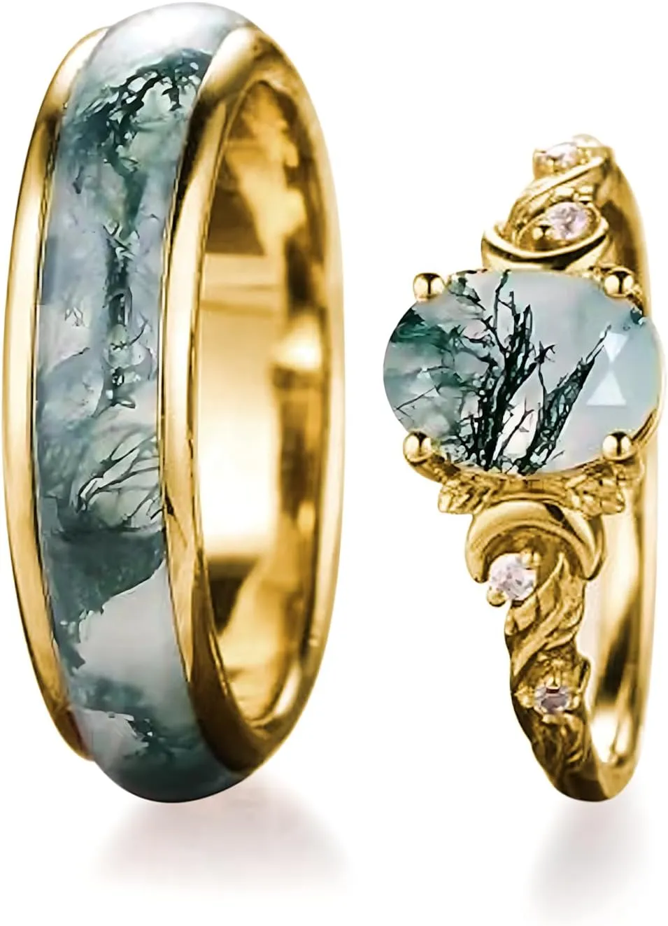 Natural Moss Agate Wedding Rings for Couple, S925 10K 14K 18K Gold Couple Rings Customized Green 2pcs Promise Bands Sets for Him and Her Bride for Anniversary Engagement Wedding