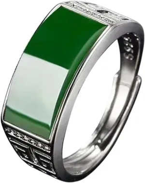 New 2025 1 Pcs Men Vintage Green Gem-Stone Open Adjustable Finger Ring Imitation Jade Alloy Rings For Men Fashion Jewelry Anillos Jewelry With You Accessories Trendy Best For Gift