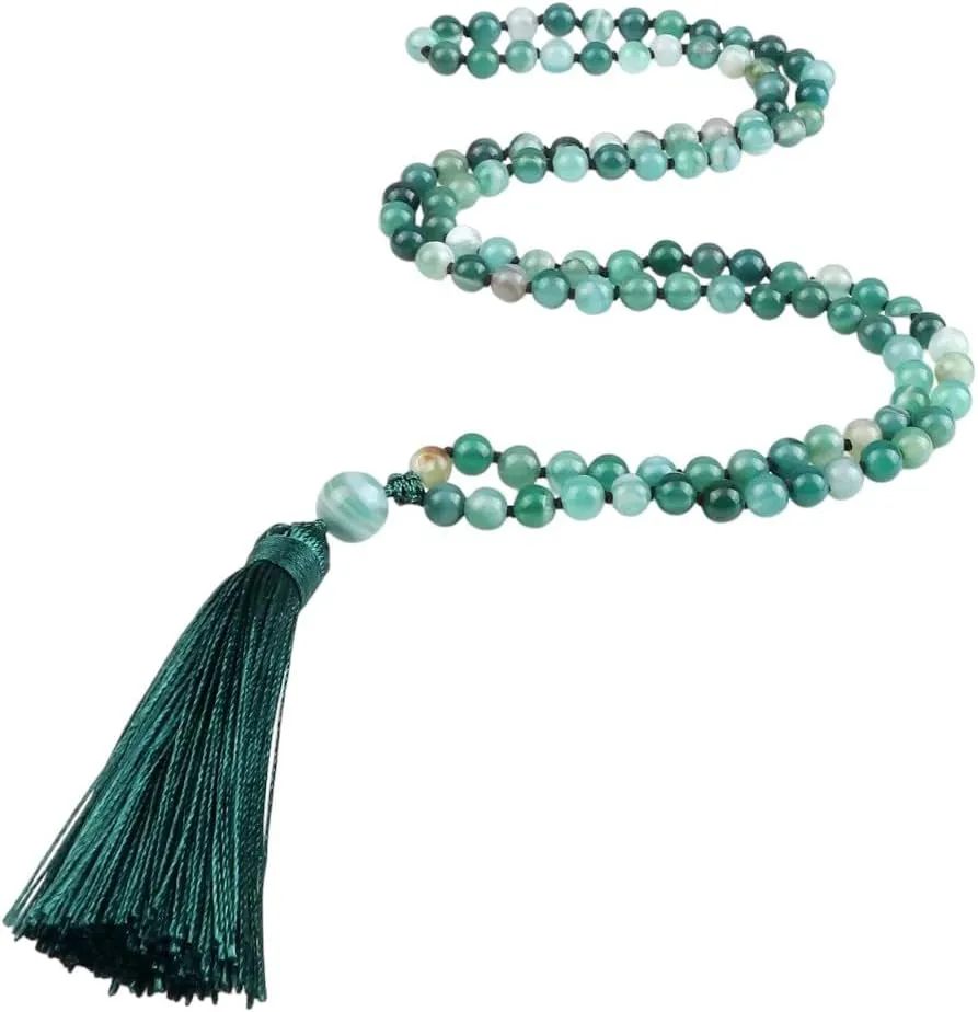 New 2025 Arrival 108 Beads Prayer Necklace Natural Green Stripe Onyx Stone Buddhist Buddha Meditation Bead Mala Necklace Women Men Jewelry Gifts Fashion Accessories Creative Gift