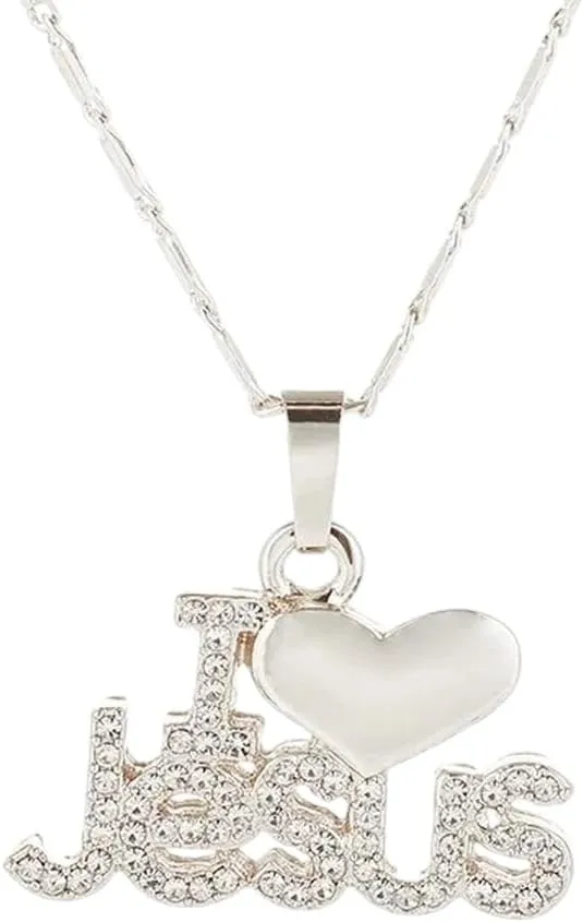 New 2026 Letter I Love Jesus Shape Pendant Necklace Women's Bohemian Crystal Inlaid Religious Accessories Decoration Jewelry Luxury With You Trendy Best For Gift