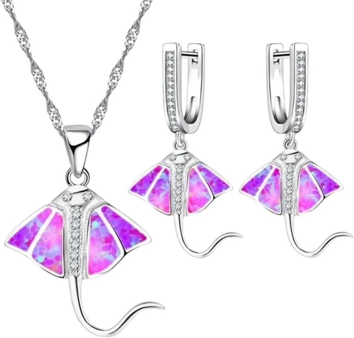 New 2026 Unisex Stainles Stell Fashion Cute Animal Seafish Imitation Blue Fire Opal Pendant Necklace Earrings For Women Wedding Band Jewelry Accessories Set Trendy Creative Gift For Women And Men