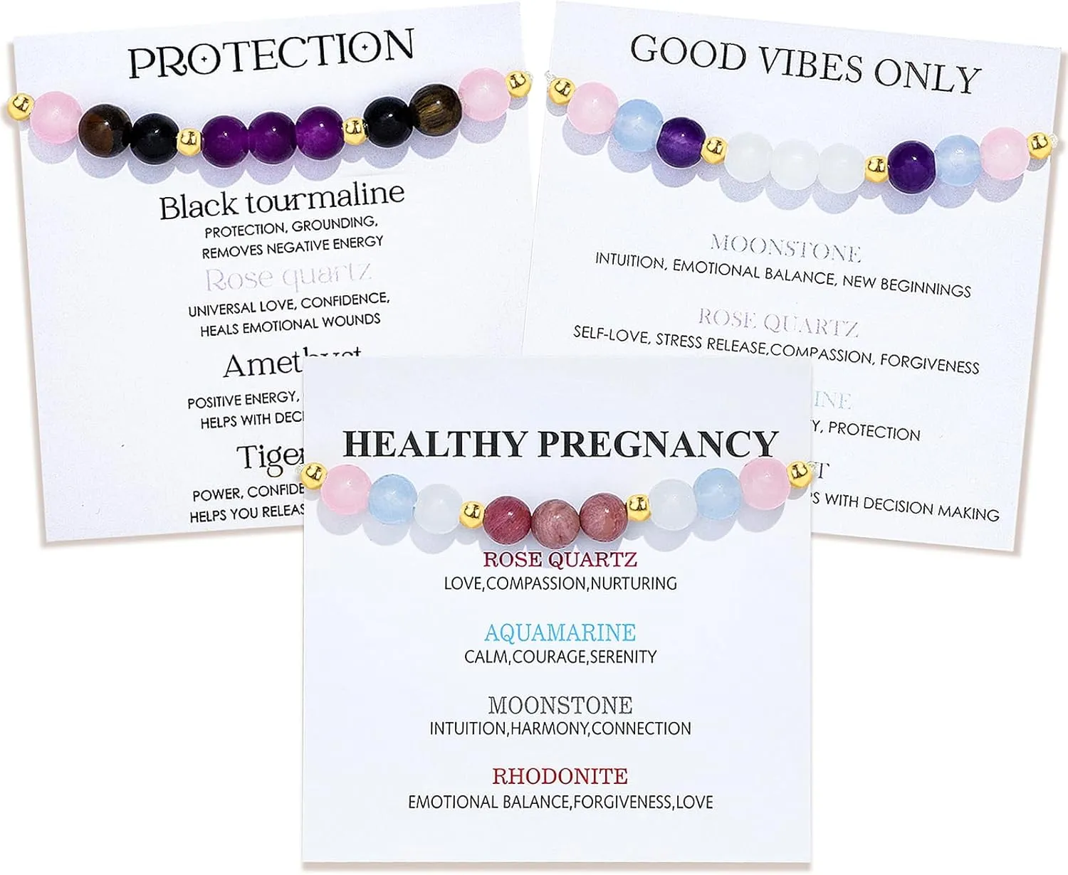 NEWITIN 3 Pieces Healing Bracelet for Women Gemstone Beaded Bracelets Crystal Beaded Bracelet Relieve Stress Natural Stone and Quartz Crystals Jewelry Inspirational Gifts for Birthday