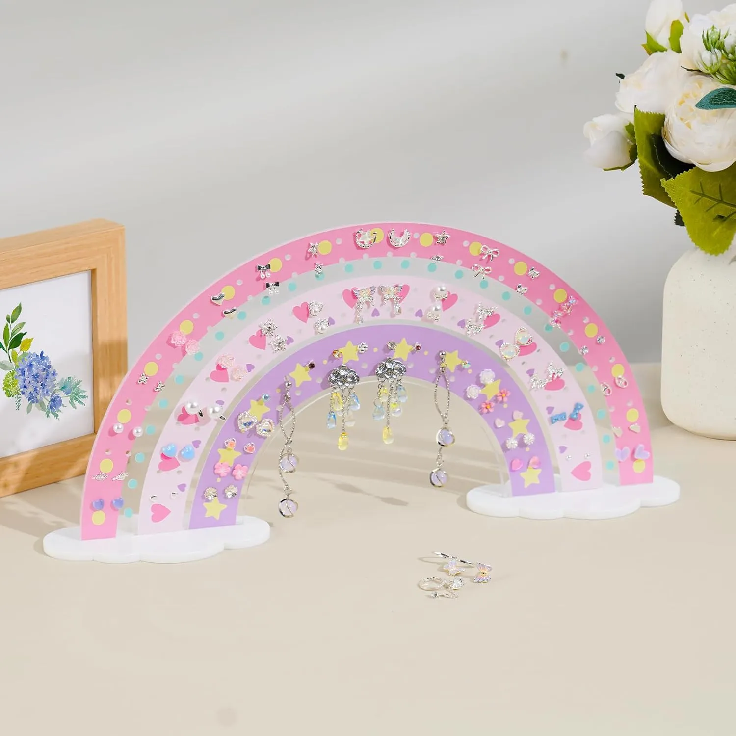 NiHome Rainbow Acrylic Earring Holder for Home, Office, Vanity - Lightweight Multicolored Layered Display with 140 Holes for Up to 70 Pairs, Durable Resistant to Fading & Deformation (Print Patterns)