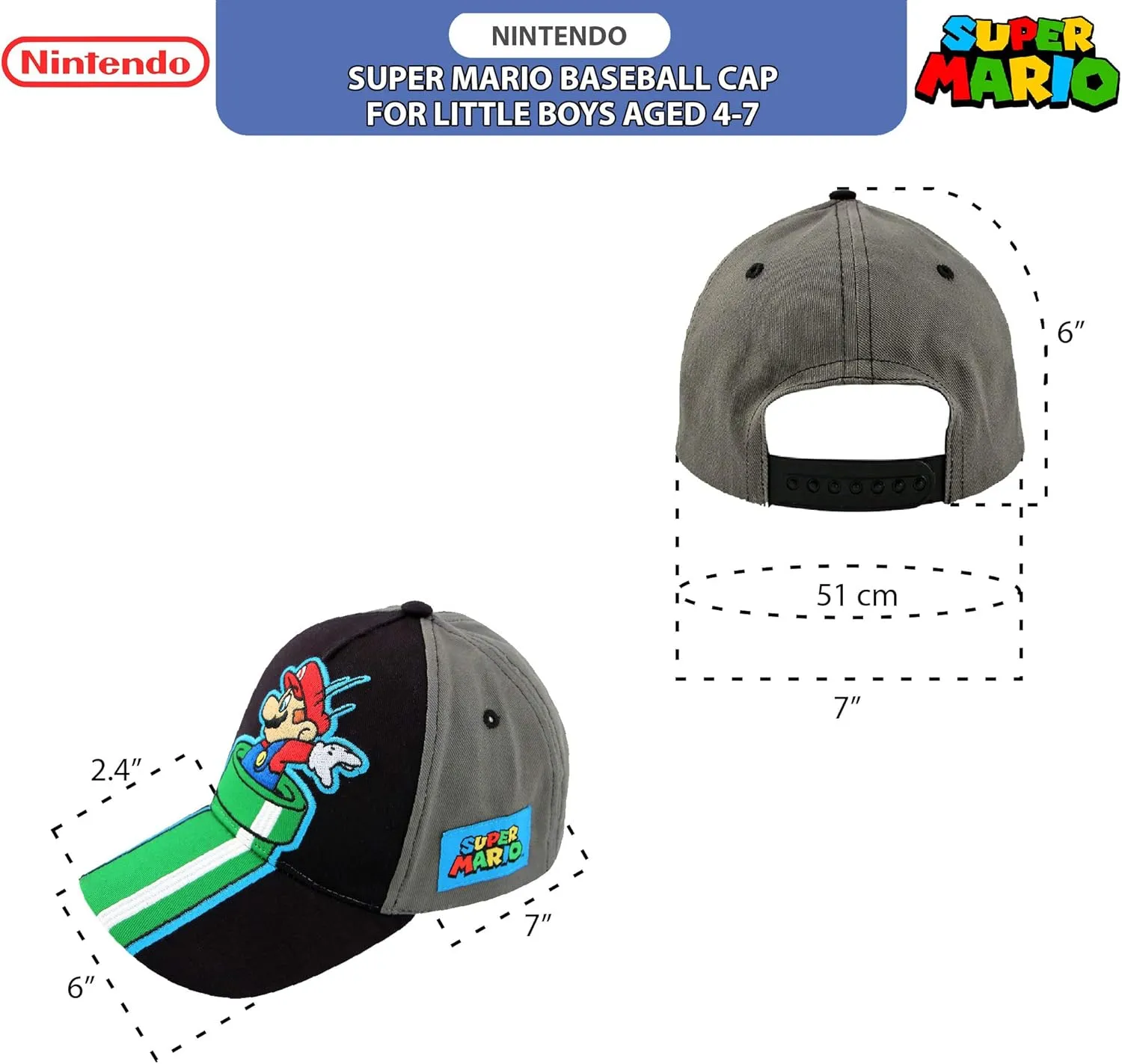 Nintendo Boys Super Mario Bros. Cotton Baseball Cap (Size 4-7)