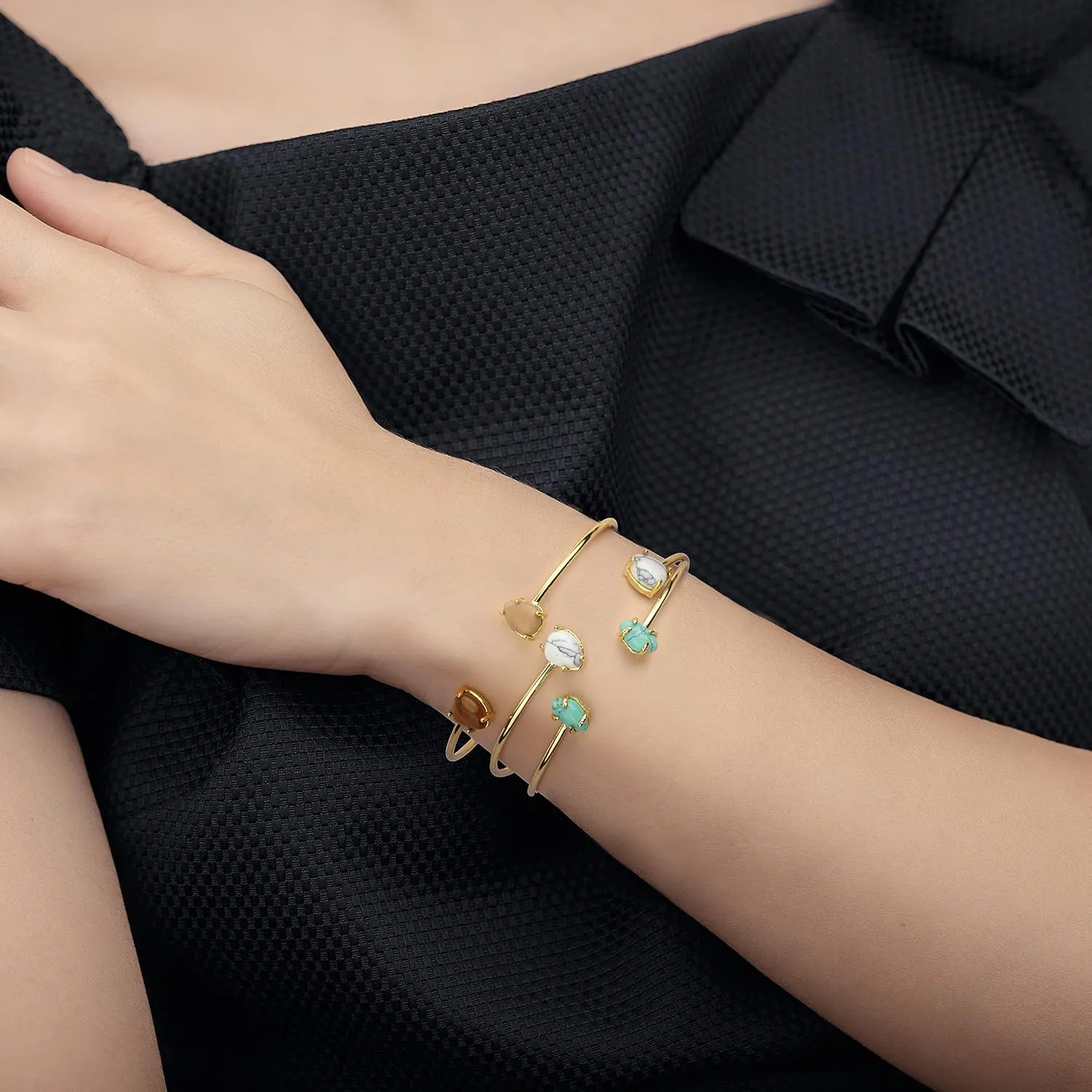 Open Cuff Bracelet for Women Silver Gold Plated Gemstone Charm Turquoise Stone Rose Quartz Bracelet Adjustable Stackable Bangle Bracelets for Women Jewelry Gift