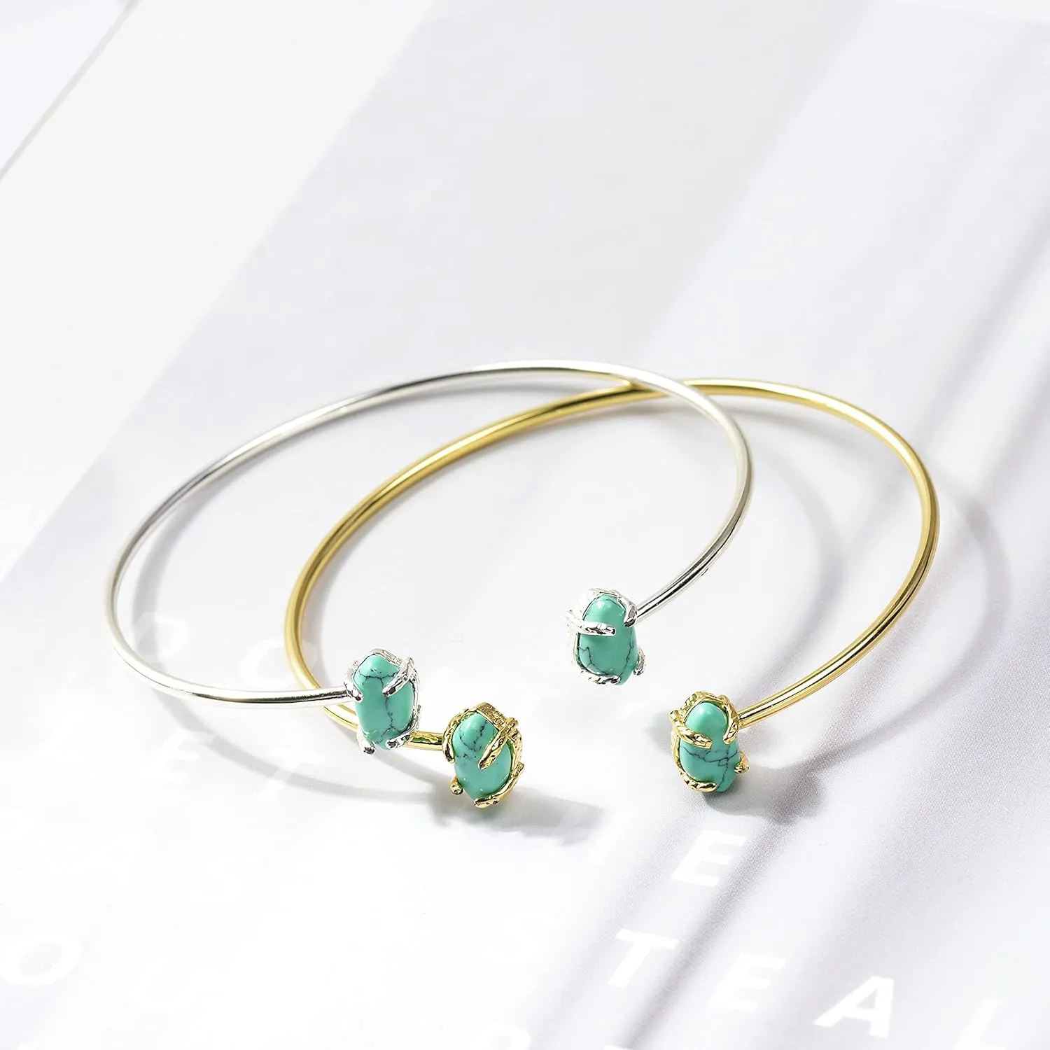 Open Cuff Bracelet for Women Silver Gold Plated Gemstone Charm Turquoise Stone Rose Quartz Bracelet Adjustable Stackable Bangle Bracelets for Women Jewelry Gift