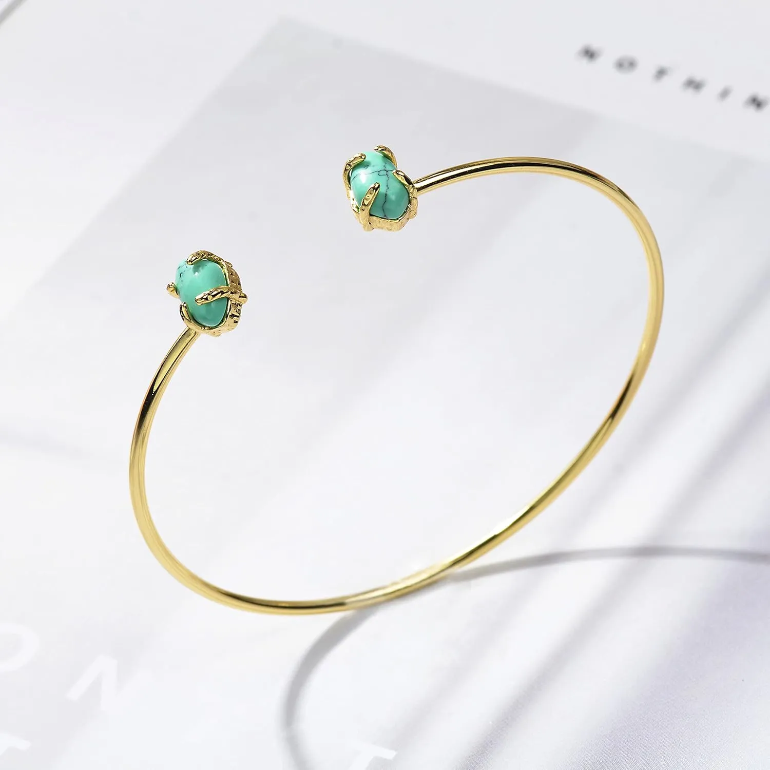 Open Cuff Bracelet for Women Silver Gold Plated Gemstone Charm Turquoise Stone Rose Quartz Bracelet Adjustable Stackable Bangle Bracelets for Women Jewelry Gift