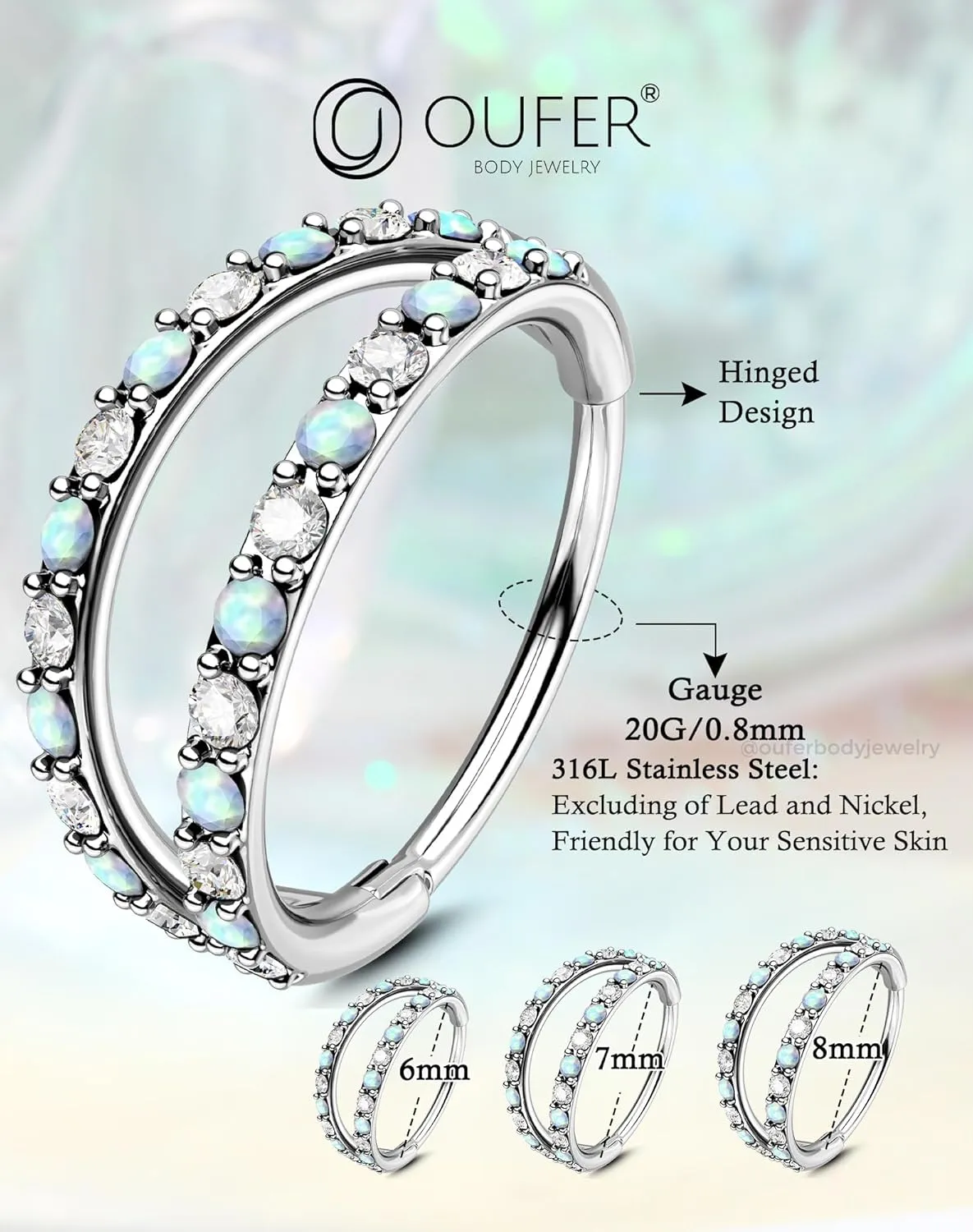 OUFER 20G Nose Rings for Women, 316L Surgical Steel Double Hoop Nose Piercing Jewelry, Opal and CZ Septum Lip Eyebrow Cartilage Conch Rook Helix Tragus Daith Earrings Piercing Jewelry-6/7/8MM