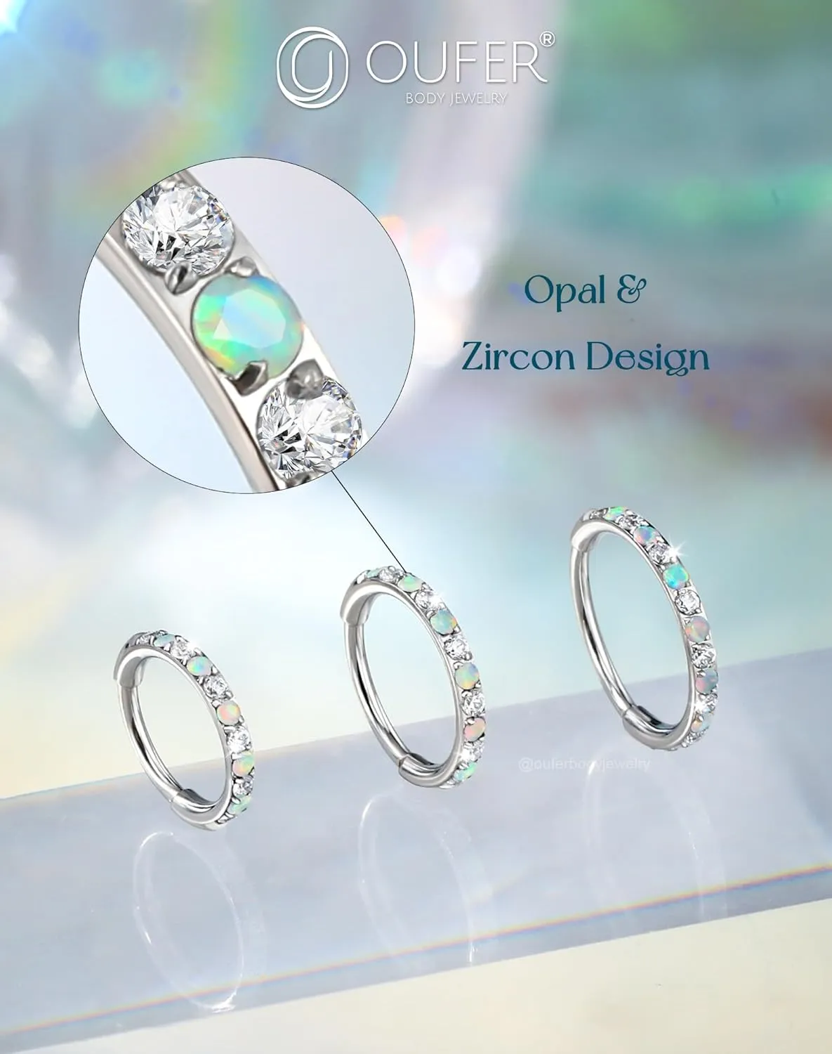 OUFER Opal and CZ 20G Nose Rings Hoops, 316L Surgical Steel Hinged Segment Nose Piercing Jewelry, Septum Lip Eyebrow Rings Cartilage Conch Rook Helix Tragus Daith Earrings For Women and Men-6/7/8MM